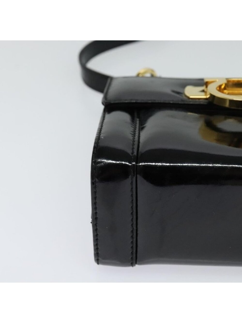 Authentic Salvatore Ferragamo Gancini Shoulder Bag Enamel Black Gold - Picture 15 of 16
